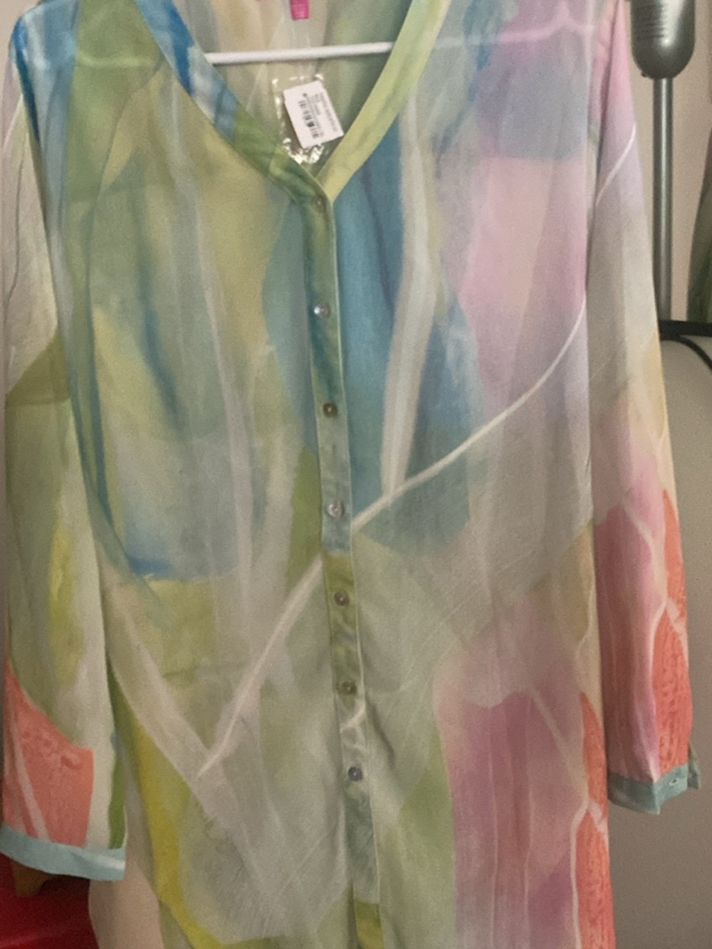 Sheer Pastel Watercolor Button-Down Blouse